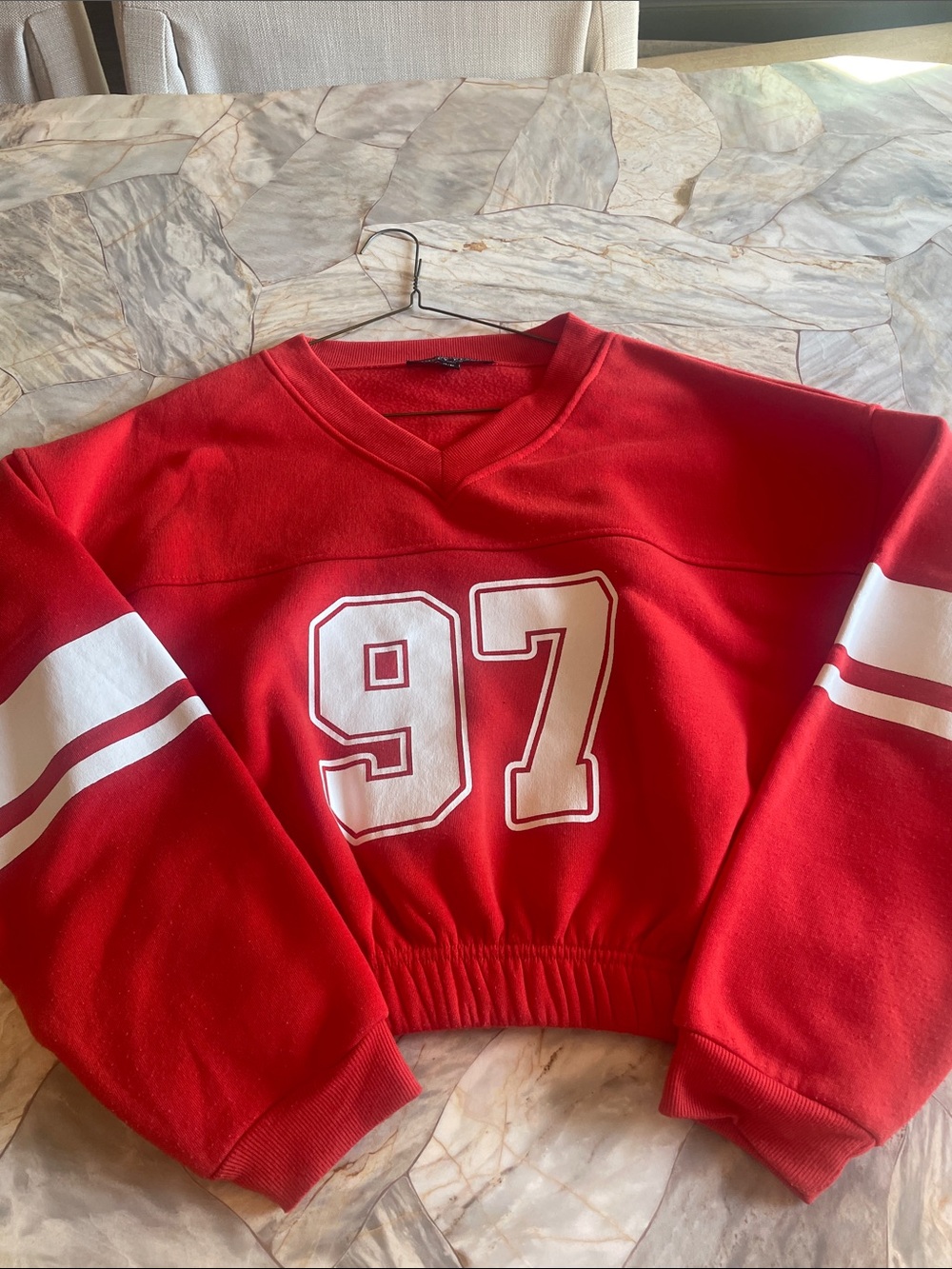 Forever 21 Red V-Neck Sweater with White '97 Graphic